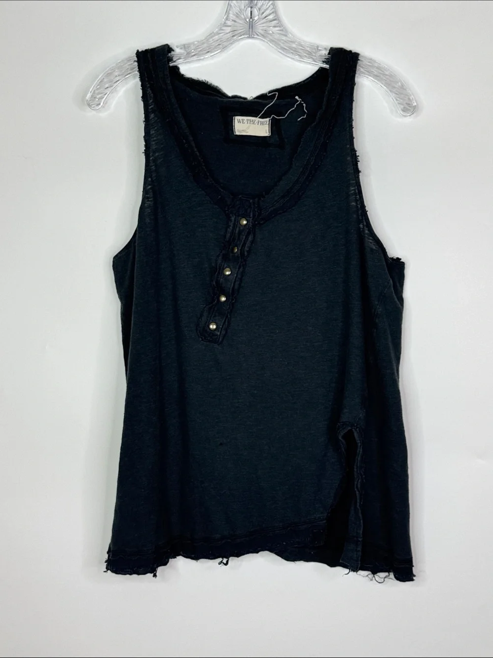 Free People Dark Navy Distressed Henley Tank Top Size Large